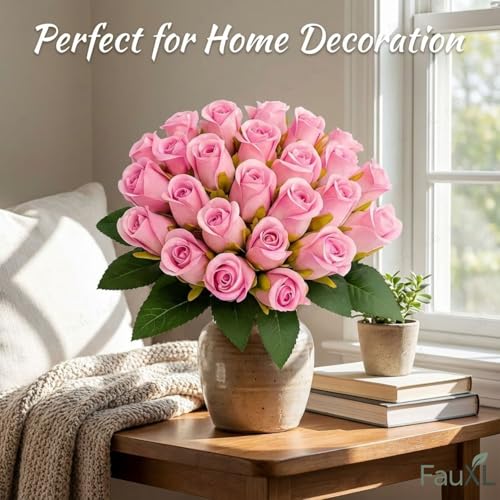 Image of Set of 24 Artificial Rose Flowers Bunches for Vase - Home Decoration Gift Items for Living Room Corner Table Top Bedroom Wedding (Pot Not Included) - 24 CM (Pink)