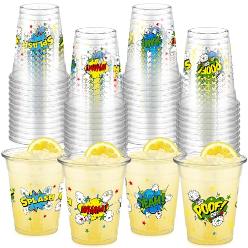 FoldTier 50 Pcs Hero Cups 12 oz Plastic Hero Birthday Cups Clear Theme Disposable Glasses Super Theme Beverage Glasses for Home Kitchen Birthday Party Favors Supplies Decoration