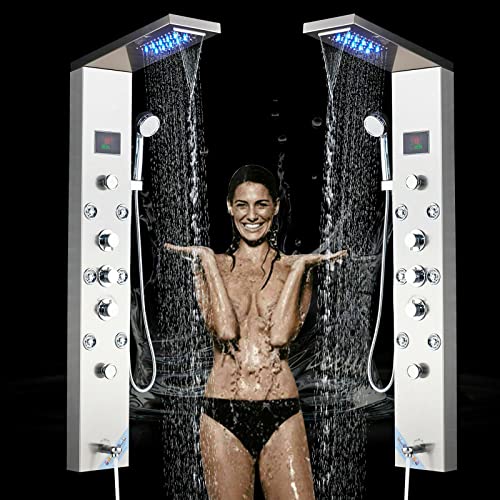 Columna de Ducha de Acero Inoxidable con Panel LED, Sistema de Masaje y Lluvia, Acabado Mate, Modelo 8009