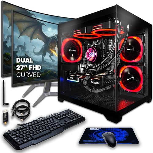Image of SAAV CORE Prebuilt Gaming PC Bundle Desktop Tower AMD Ryzen 5 5500 GeForce RTX 3050 6GB GDDR6 Dual Curved 27in Monitor 16GB DDR4 512GB NVMe WiFi6 Windows 11 AIO Liquid Cooled Computer PC Gaming Black