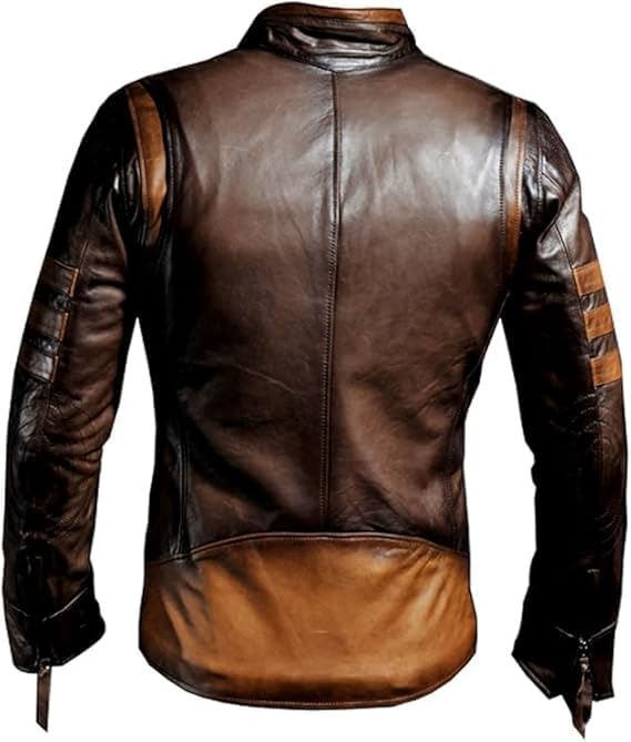Men's Vintage Style Leather Motorcycle Jacket, Brown with Tan Stripes, Zip Front2