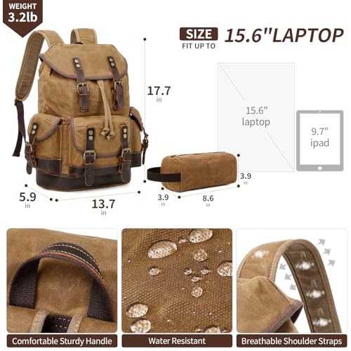 Wogarl Leather Backpack for Men, Waxed Canvas Vintage Backpack Rucksack for Business College Travel Hiking Shoulder Daypacks With Toiletry Bag(Khaki)2