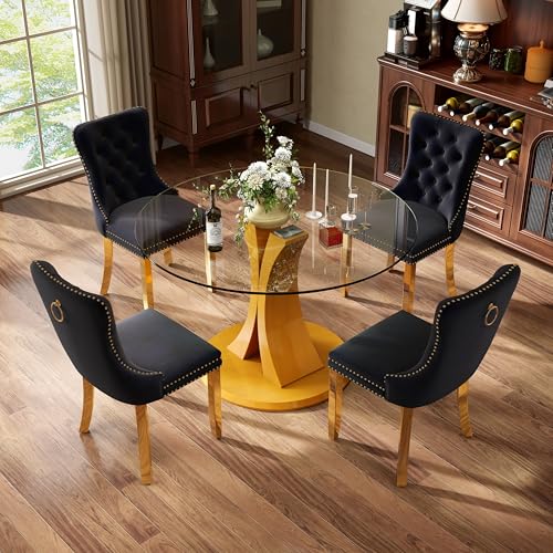 Image of 5-Piece Dining Table Set with 39In Tempered Glass Table and 4 Velvet Upholstered Chairs, Modern Scandinavian Furniture for Dining Room Kitchen(Black&Gold)
