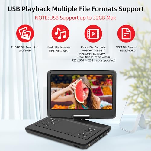 KCR 14-Zoll tragbarer TV/Tragbarer DVD-Player Combo mit HD LED-Drehbildschirm und DVB-T2 digitalem TV-Tuner/USB/HDMI/AV/Audio, eingebautem Akku, Zwei Stereo-Lautsprechern – Bild 6