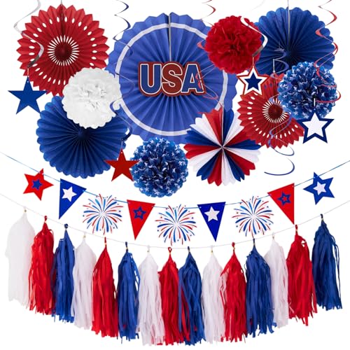 Image of 4th of July Patriotic Decorations 250th Anniversary Red White Blue Paper Fans Pompom Star Tassel Garland Independence Day Hanging Swirls for Fourth of July Memorial Party Supplies Decor
