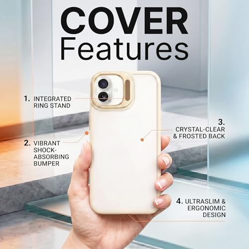 Image of amazon basics Frosted Matte Case for iPhone 17 | Built-in Flip-Out Camera Lens Stand | Translucent Back with Contrast White Bumper | Shockproof Protective Cover with Foldable Kickstand