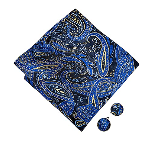 Barry.Wang Blue Yellow Black Bow Tie for Men Paisley Silk Pre-Tied Bowtie Pocket Square Cufflinks Set Formal Wedding Party Prom - Thumbnail 6