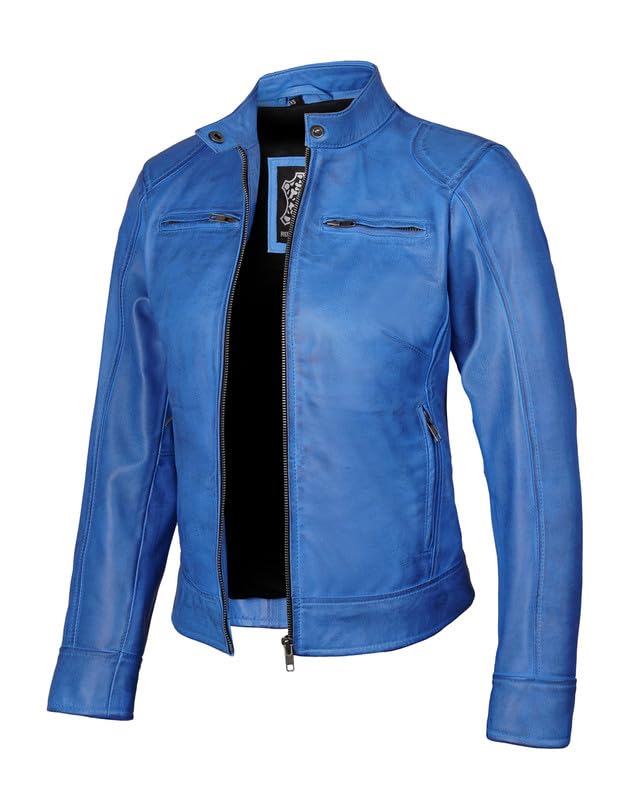 Decrum Disc Leather Jacket Women - Leather Motorcycle Jacket | [1328862] Ddge Vivid Blue Wax, S