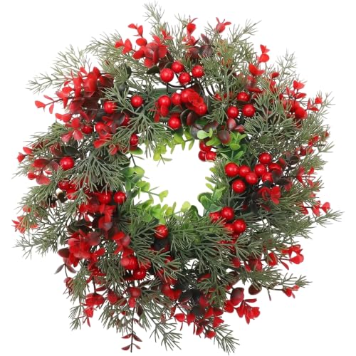 NiceNaiils Corona de Navidad de 35 cm para Puerta Entrada, Corona Navideña con Bayas Rojas y Hojas Verdes, Decoración de Navidad para Chimenea, Pared y Ventana, Adorno Navideño para Hogar y Fiestas