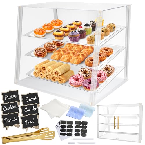 Seeable 3 Tray Commercial Bakery Display Case Countertop with Rear Doors & Gold Accents, Acrylic Pastry Display Case Cabinet for Exquisite Dessert Display, Cookie Display & Food Display (21