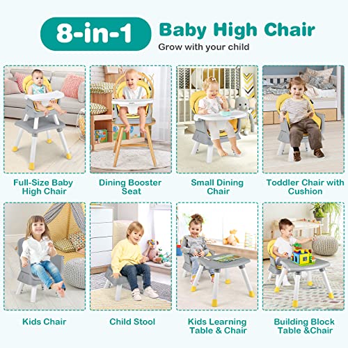 Image of GLACER 8 in 1 Convertible Baby High Chair - Adjustable High Chairs for Babies and Toddlers with Removable Tray, Dual Cushions, Activity Table and Chair Set, Booster Seat, Stool (Yellow)