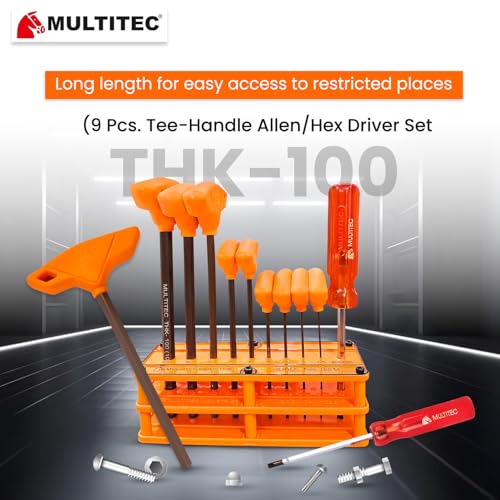 Image of MULTITEC Hex Driver Set (Metric) THK-100(M) - 9-Piece T-Handle Hex Key Set (1.5mm to 10mm) with Reversible Screwdriver | Alloy Steel | Hardened & Tempered | Ergonomic Handles | Organized Storage