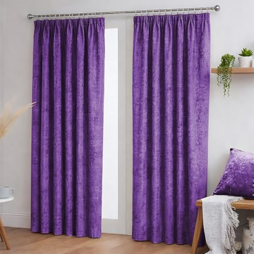 John Aird Crushed Velvet Fully Lined Pencil Pleat Curtains (Aubergine, 46" Wide x 54" Drop)