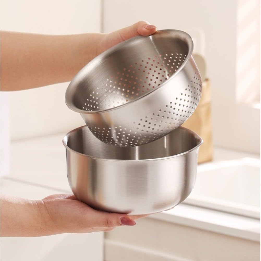 Juego de colador de acero inoxidable, 2 piezas de colador de frutas y verduras con cuenco medidor, cesta de drenaje de pasta para uso en cocina y campamento (M)