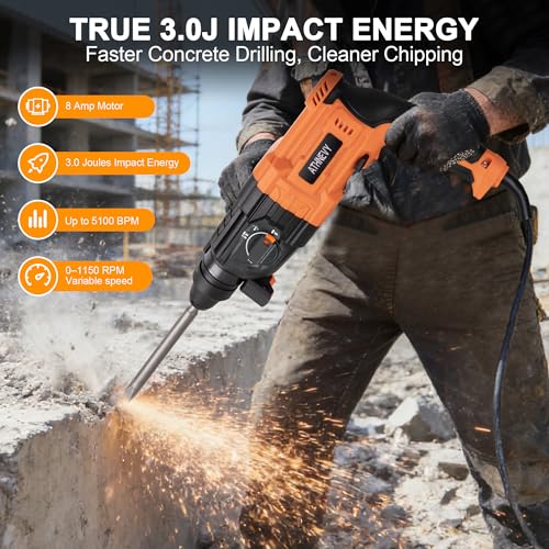 Image of 1 inch SDS-Plus Rotary Hammer Drill, 8 Amp 3.0J 4-Function Variable Speed | Hammer Drill with Safety Clutch & Reverse Stop, Concrete Demolition Tool Kit with Bits, Chisels & Case