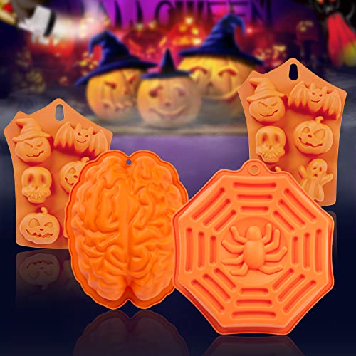 4 Pieces Halloween Silicone Molds, Baking Silicone Molds With Pumpkin, Spider Net And Brain, Halloween Baking Decorations For Making Soap Candle Candy Muffins Chocolates #TOP5
