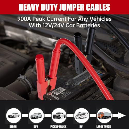 1 Gauge 30 FT Heavy Duty Jumper Cables for Car Battery, 900Amp Quick Connect Booster Cables for Jump Starting Dead or Weak Batteries, Suitable for 8L Gas & 6L Diesel, Carrying Bag Included