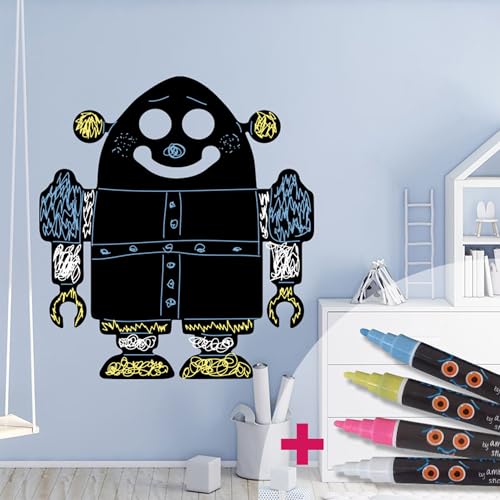 Sticker ardoise tableau noir robot H105xL95 cm avec 4 craies