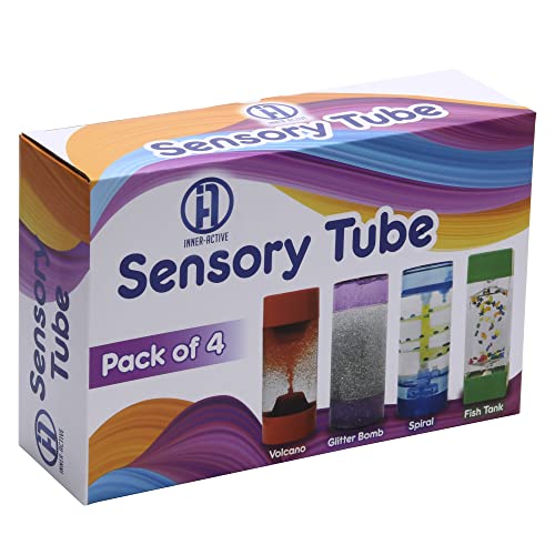 INNER-ACTIVE Sensory Tubes for Kids Fidget Tubes for Calm Down Corner Anxiety Relief, Occupational Therapy Toys, Liquid Motion Bubbler for Visual Sensory Play, Count Down Timer (Set of 4)