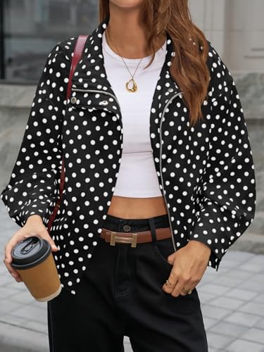 Image of Tankaneo Womens Polka Dot Zip Up Cropped Jackets | Lightweight, Lapel Collar, Casual Trendy, Fall Spring Outfits, Streetwear