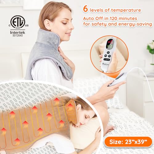 Mia&Coco Electric Heating Pad for Back Neck Shoulders Pain Relief, XL 23"x39" Soft Flannel Wrap, Waist Strap, Fast Heat Hot Therapy 6 Heat Settings, Auto-Off Timer, Machine Washable, Grey - Image 4