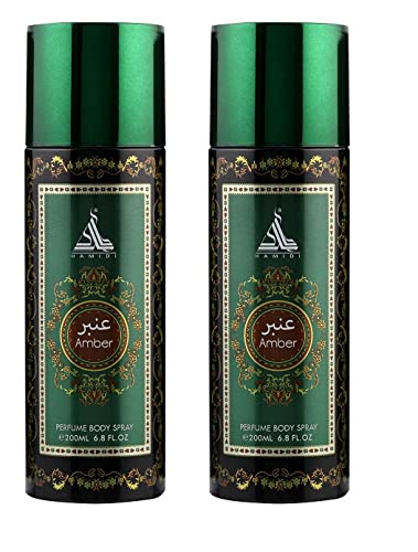PACK OF 2 PERFUME BODY SPRAY AMBER BY HAMIDI 200ML/6.7 OZ ALCOHOL FREE LONG LASTING FRAGRANCE UNISEX