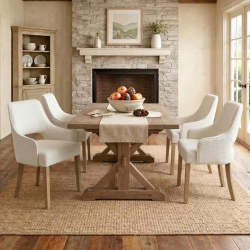 DM Furniture Upholstered Linen Dining Chairs Set of 4, Farmhouse Fabric Dining Room Chairs with Arms, Solid Wood Kitchen Side Chairs for Dining Living Room Bedroom, Upgraded Size, Cream