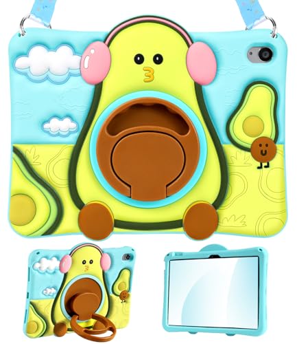 Boaretiu for iPad A16 Case - Cute Cartoon Soft 3D Silicone Avocado Case for iPad 10th Generation 2022 10.9 Inch/A16 11th Generation 11 Inch 2025 Cover with Strap & Rotating Stand for Girls Boys Kids