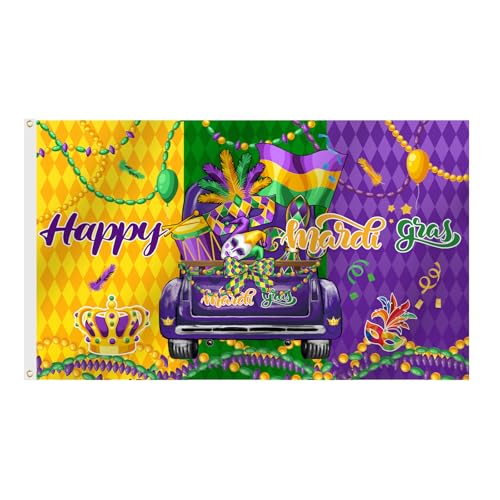 SENSEVEN Truck Mardi Gras Flags for Outside 3x5 Ft Rustic Car Carnival Yard Flag Fleur de Lis Mask Bead New Orleans Holiday Flag Spring Outdoor Banner for Porch Decor Mardi Gras Party Supplies