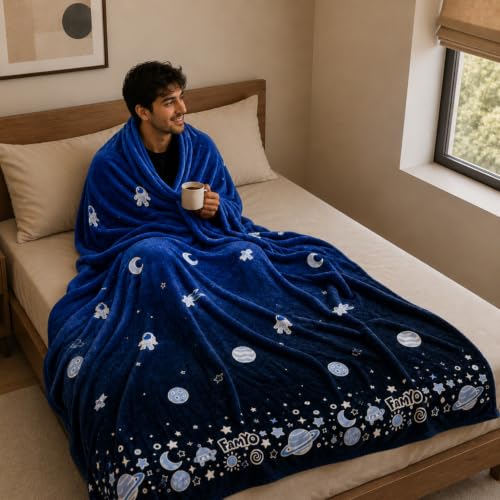Image of Famyo GlowMaxx AC Blanket for Adults, Glow in the Dark Soft Flannel Blanket | 200x152 cm Double Bed Size | Lightweight Summer Blanket for AC Rooms, Lab-Tested & Skin-Friendly (Dark Blue)