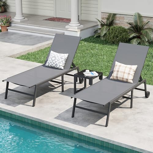 Image of Amopatio Patio Lounge Chairs Outdoor Chaise Lounges Set of 2 | Removable Pool Chairs with Wheels &Side Table Weather Resistant 5-Position Adjustable Backrest 400 LBS Capacity;Gray