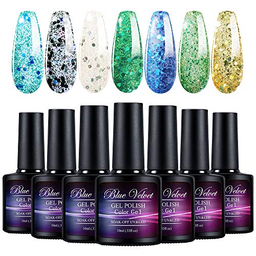 7PCS Glitter Gel Polish Set Blue Velvet Sparkle Glitters Colors Nail Polish Gel Kit Nail Art Design Manicure Gift Set Soak Off LED Gel Nail Lamp Cured for Nails Art Beauty Salon/ at Home 10ml