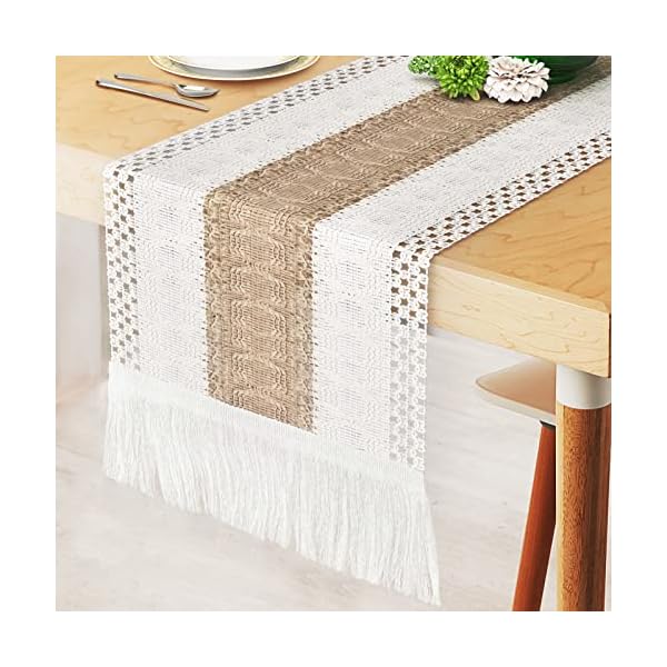 Table Runners 72 Inches Long - Boho Table Runner Farmhouse Cream Cotton Macrame Table Runner Splicing Rustic Nature Burlap Table Runner with Tassels for Dining Room Kitchen Bohemian Wedding Fall Decor