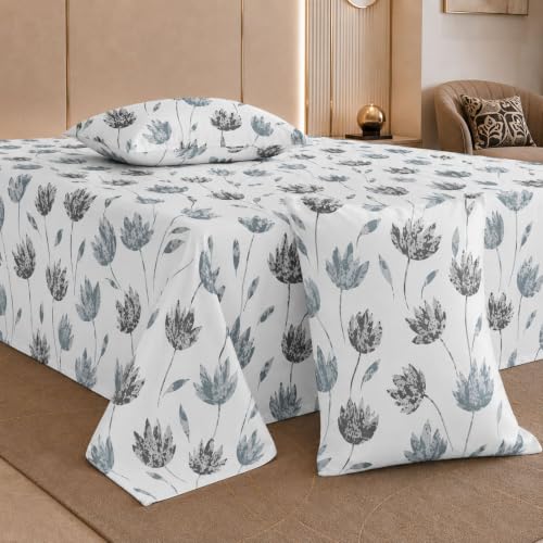 Image of Jaipur Weaves Cotton Linen Feel King Size Bedsheet 108x108 Super King, 100% Pure Cotton Bed Sheet with 2 Pillow Covers, 300 TC Soft Breathable Floral Design Bedding -(Tulips Blue, Super King)