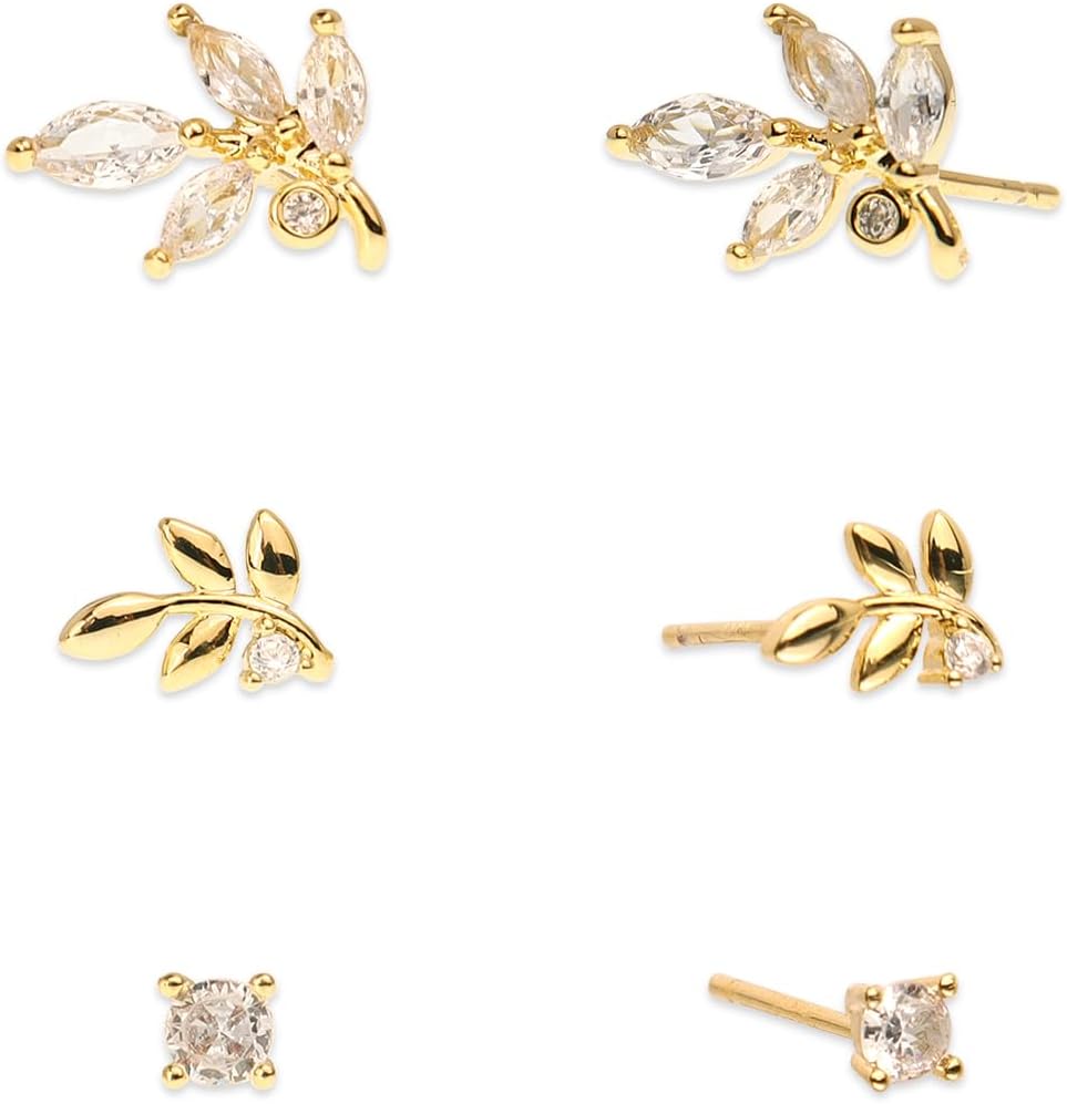 Sonateomber Tiny Cubic Zirconia Rhinestone Stud Earring Set for Women Girls, 3 Pairs Small Cute Gold plated 925 Sterling Silver Multiple Piercing Post Hypoallergenic studs Everyday Jewelry Gift