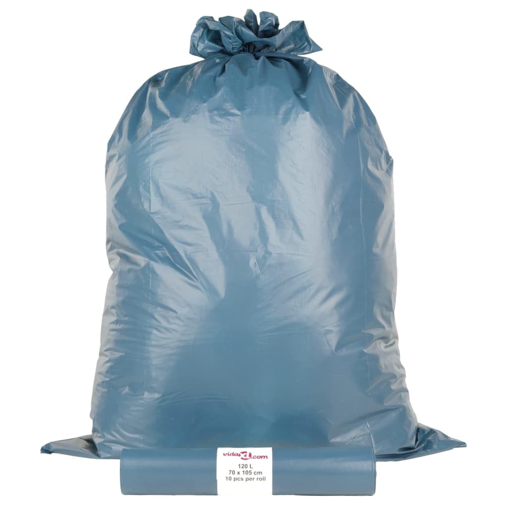 Worki na śmieci 120 l, niebieskie, 100 sztuk, LDPE worki na śmieci z przegródkami, odporne na rozerwanie i szczelne, idealne do gospodarstwa domowego, ogrodu, biura i do utylizacji odpadów