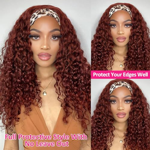 Image of Punmasa Headband Wig Human Hair Deep Wave 12 Inches Reddish Brown None Lace Front Wig Machine Made Brazilian Virgin Glueless Wear and Go Curly Headband Half Wigs for Black Women