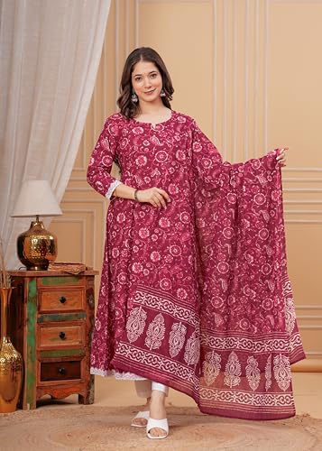 Image of MEERA FAB Women's Cotton Printed Anarkali Kurta with Palazzo & Dupatta Set