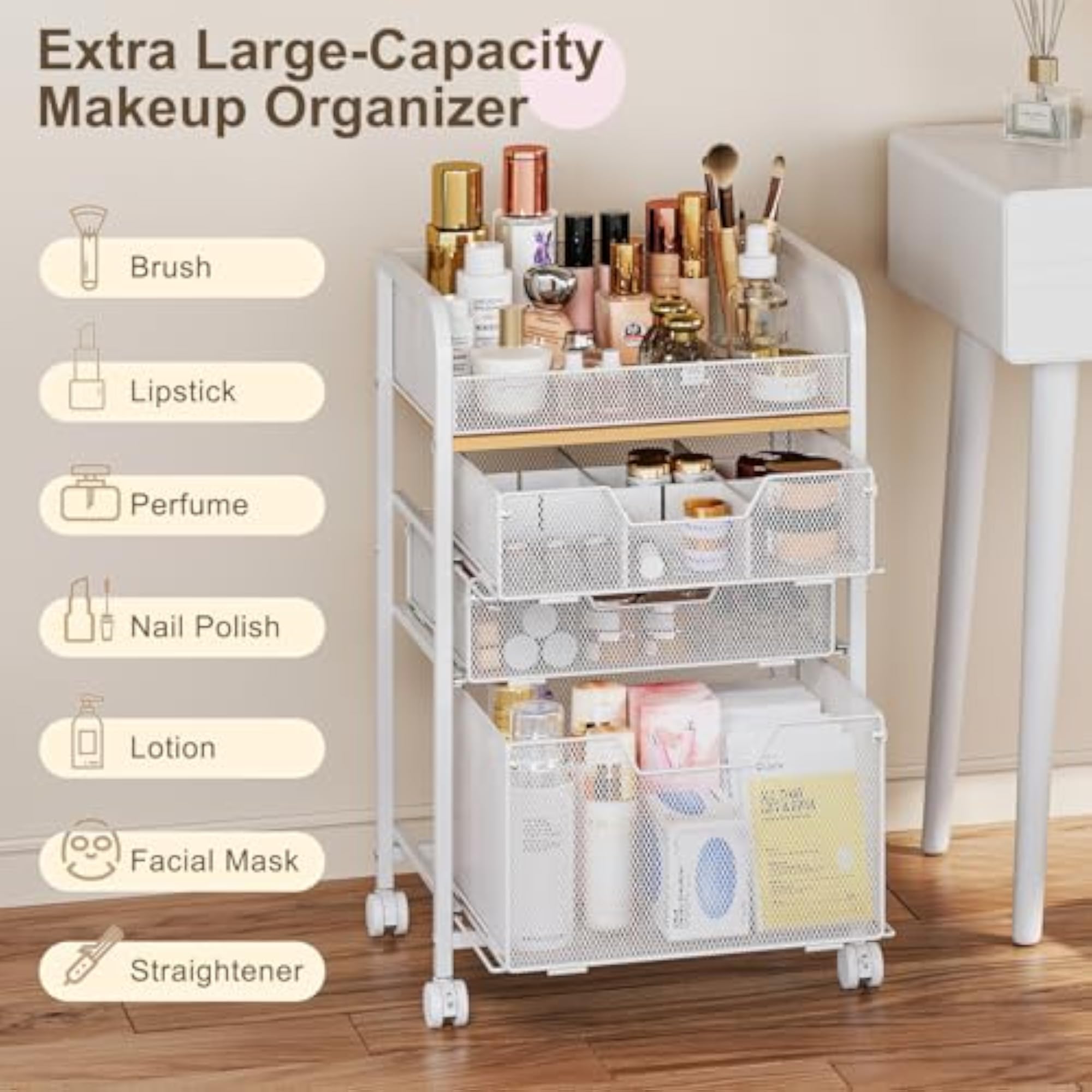 Rolling Makeup Cart Organizer with 3 Drawers
