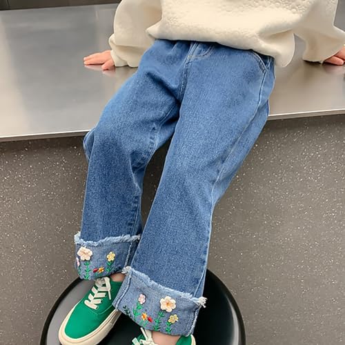Kids Girls Cute Baggy Jeans Floral Embroidered Cuff Jeans Elastic Waist Denim Pants for Toddler Girls Pull On Denim Pants3