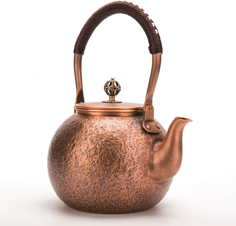 Kunwu - Tetera redonda hecha a mano con martillo pequeño, tetera de cobre, 0.059 in de grosor, 100% cobre puro hecho a mano, 40.6 fl oz - 1,71