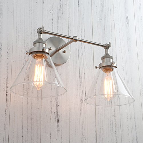 Image of PERMO Industrial Vintage Slope Pole Wall Mount Single Sconce with Funnel Flared Clear Glass Shade Wall Sconce Light Lamp Fixture Hardwired (Antique Gold) (Brushed, Funnel Flared 2-Light Hardwired)