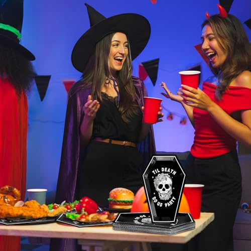 Whaline 40 Pcs Halloween Bride or Die Bachelorette Paper Plates Black Skull Flower Coffin Disposable Dessert Plates for Trick or Treat Holiday Party Table Decor Supplies by Whaline - Used condition - Image 6