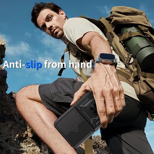 Image of SPAZY CASE Oppo Reno 14 Pro Back Cover | Heavy Duty Hybrid Case with 360 Degree Rotating Finger Ring Holder + Slider Shutter Camera Protection Case for Oppo Reno 14 Pro - Black