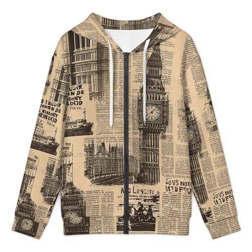 Vintage Old Newspaper Paper London Men's Hoodies with Zipper Lightweight Long Sleeve Casual Sweatshirts3