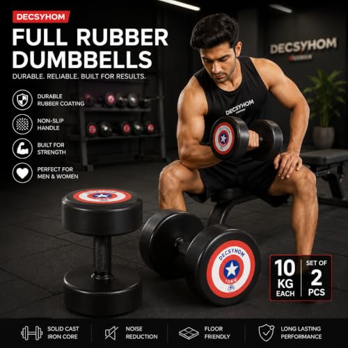 Image of Rubber Coated Adjustable Dumbbells Set of 2 (7.5KG x 2) | Home Gym Dumbbell set for Men & Women | Non-Slip Handle | Heavy Duty Round Rubber Dumbbells | Strength Training & Fitness Equipment.