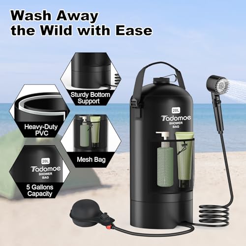 Image of Portable Shower for Camping, 5 Gal /20 L Solar Heating Camping Shower Bag with Shower Pump, Portable Shower Head, Essential for Camping,Festivals, Overlanding, Beach Trips (Matte Black - Foot Pump)