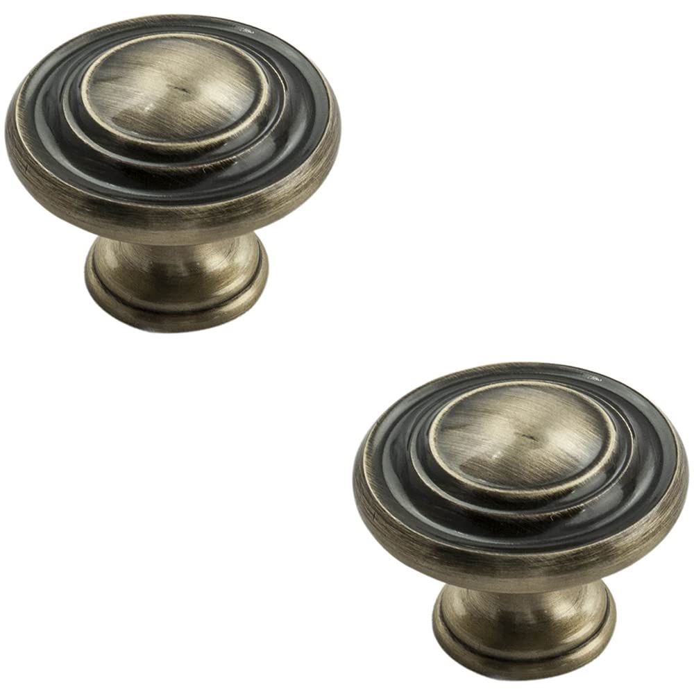 Loops - Door Knob - Round Ringed Pattern - 32mm Diameter - Antique Burnished Brass