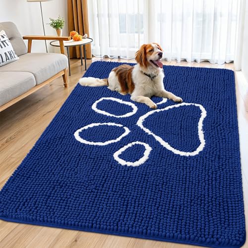 Image of Smiry Dog Door Mat for Muddy Paws, Absorbent Dirt Trapper Non Slip Quick Dry Washable Chenille Mat for Mud Dogs, Entry Rug for Indoor and Outdoor (71x46 Inches,Navy Blue and White)