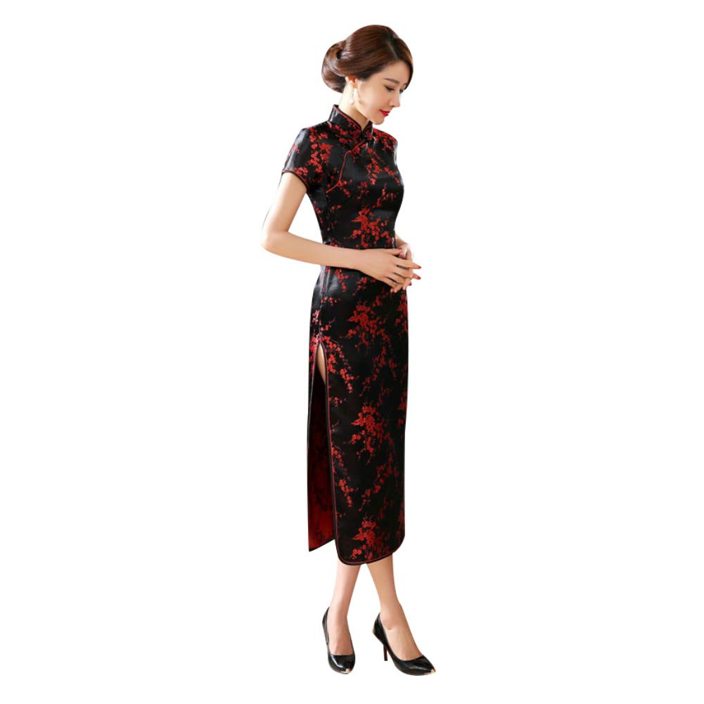 Kalaokei Vestido de noche de manga corta con estampado de dragón y fénix largo cheongsam tradicional chino para mujer